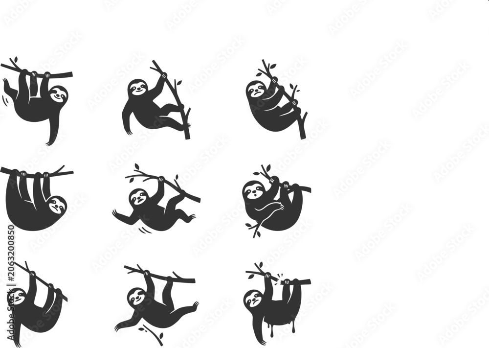 Fototapeta premium Collection of nine sloth silhouettes in various hanging poses on tree branches for nature themed graphic design