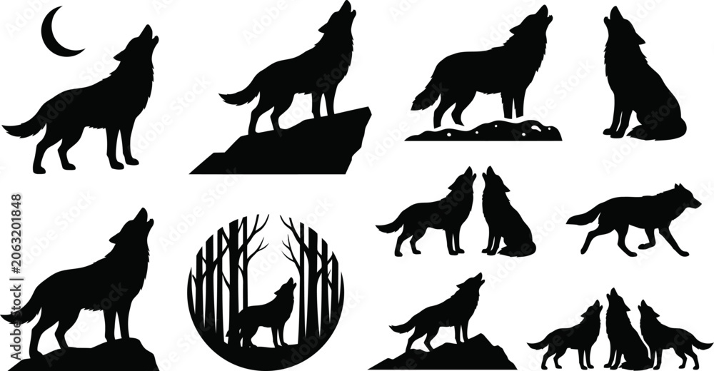 Fototapeta premium Collection of various wolf silhouettes howling at the moon in different poses and landscapes