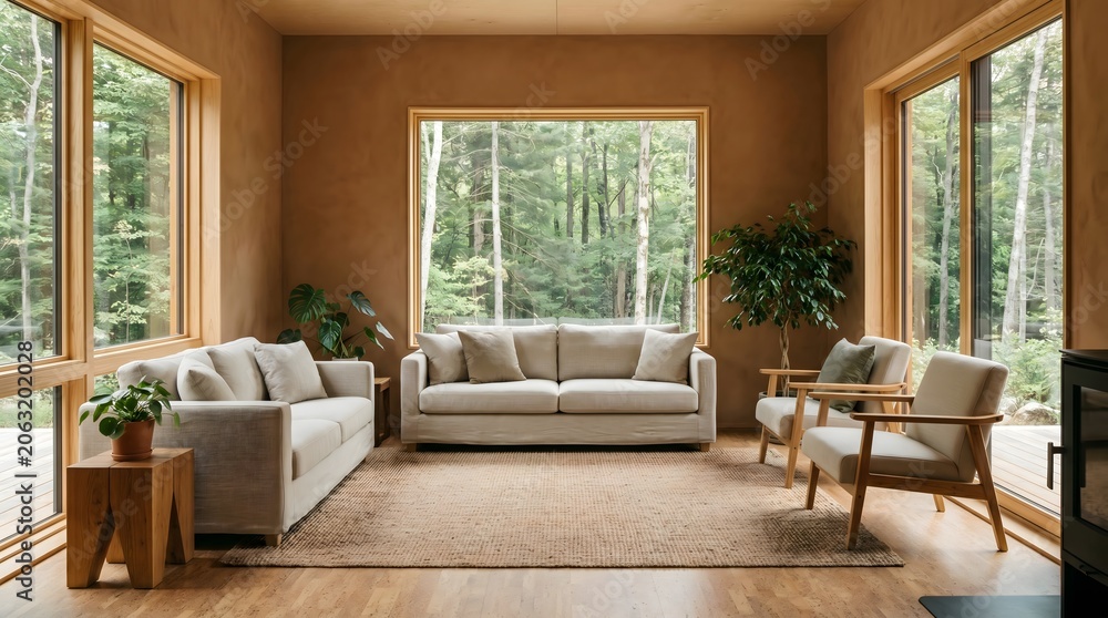 Fototapeta premium Modern Living Room with Forest View: A cozy and minimalist living room features comfortable sofas and armchairs.