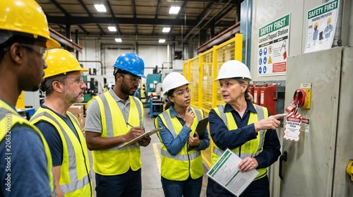 Female safety supervisor training factory workers on lockout tagout procedures at an industrial electrical switch panel.