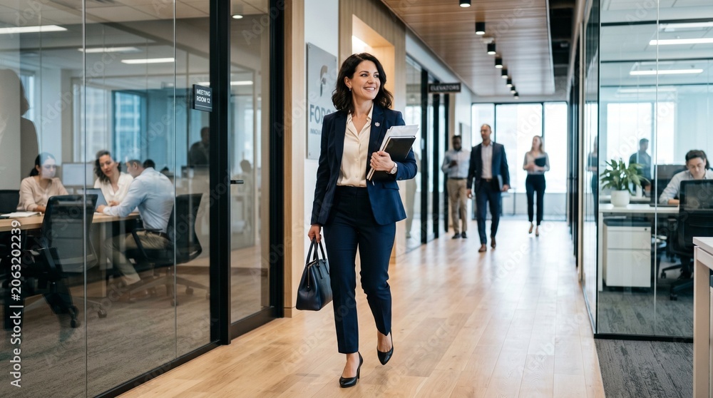 Fototapeta premium Smiling female executive walking down corporate office corridor holding documents and a handbag with colleagues in background.