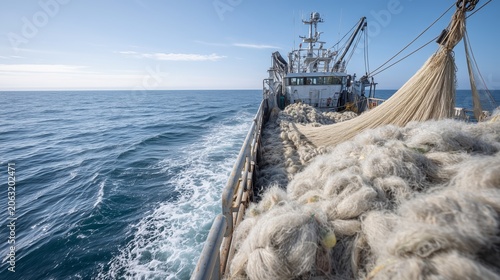 Fishing vessel with nets at sea. View from the deck of a fishing boat with large fishing nets piled in the foreground, sailing on open sea under clear sky.
