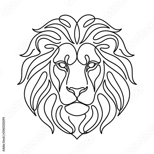 Minimalist line art illustration of a majestic lion head facing forward.