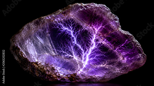 Purple crystal gemstone with glowing internal electrical discharge branching patterns and lichtenberg figures.