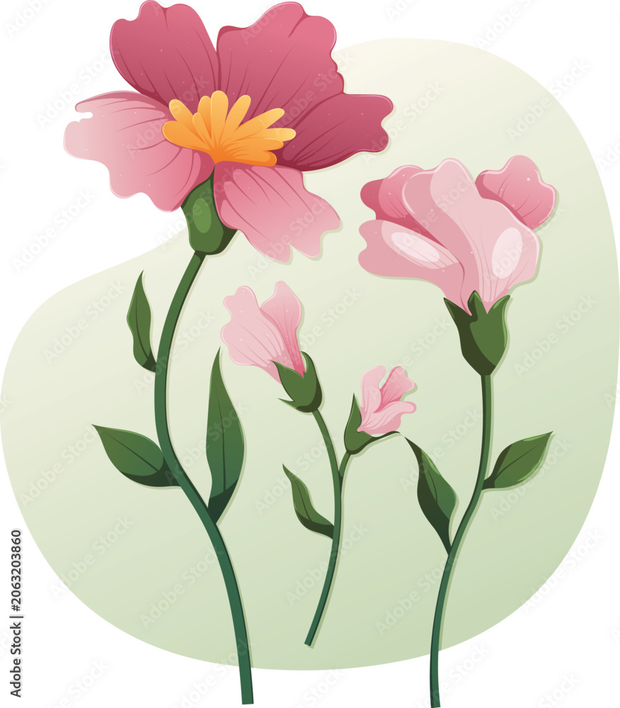 Fototapeta premium Beautiful Pink Flowers Illustration with Green Leaves Isolated on Soft Background - Vector Floral Graphic Element