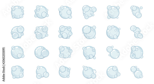 Quadro su tela Collection of light blue soap bubble clusters and foam sets