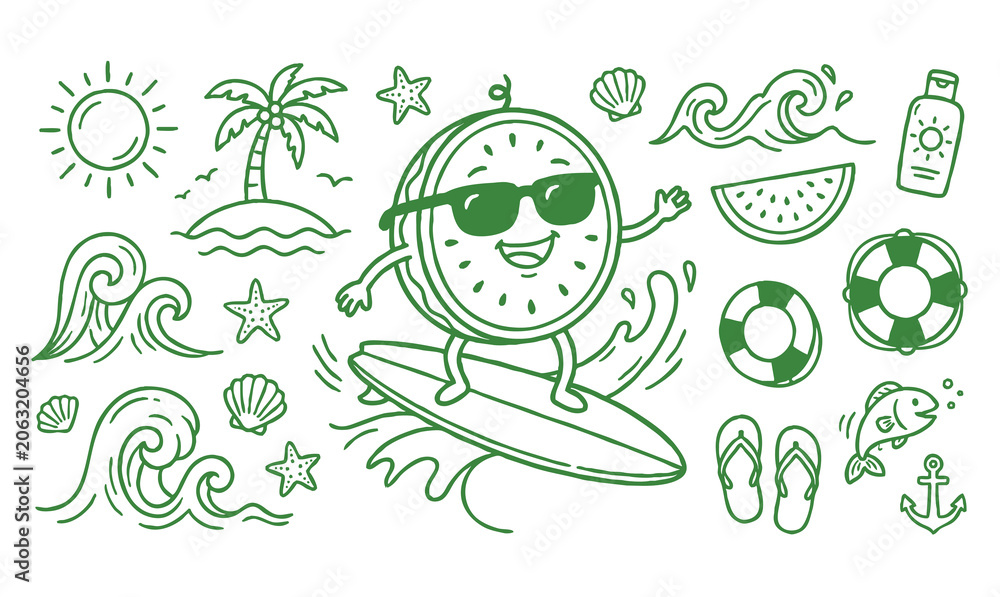 Fototapeta premium Vector doodle set of cute watermelon mascots enjoying summer vacation in red line art.
