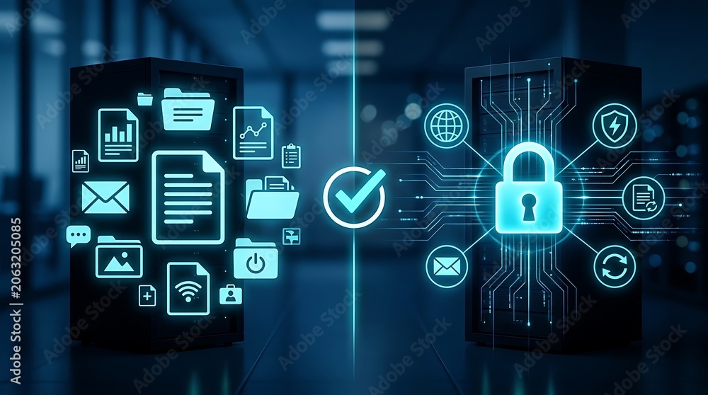 Fototapeta premium Secure data transfer between servers with lock and