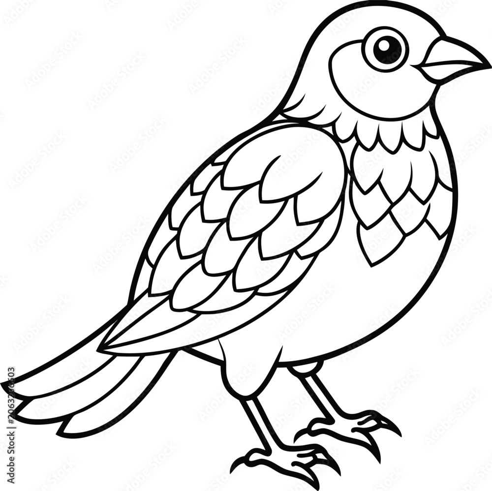 Fototapeta premium Black and White Outline of a Small Bird drawing illustration