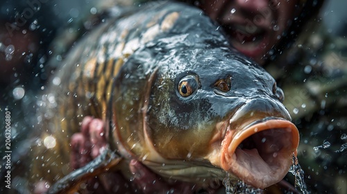 Large fish splashes in water, eyes wide open.