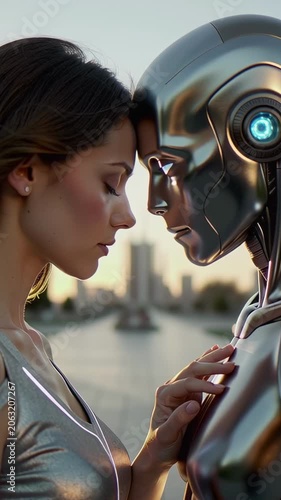 Vertical video: Young caucasian woman touching a chrome robot with foreheads leaning together at sunset. Futuristic human and artificial intelligence connection concept footage for sci-fi background