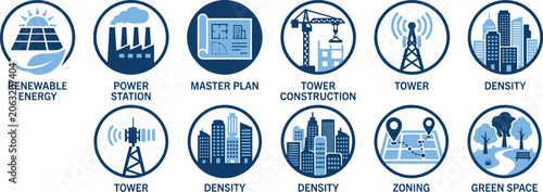 Fotografi Urban planning and architecture icons featuring city density zoning master plan and renewable energy stations