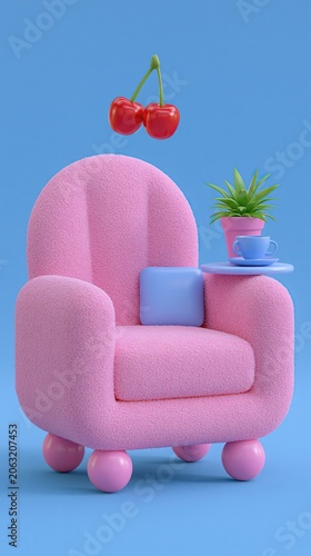 Pink Fuzzy Armchair with Cherries Plant and Teacup 3D Render Cozy Pastel Furniture Illustration