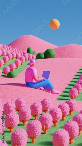 Freelancer Working on Laptop in Pink Flowering Orchard Hills, Vivid 3D Countryside Scene