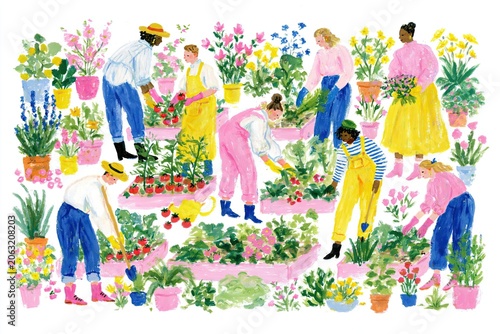 Diverse Group of People Gardening Together Flat Illustration with Flowers and Vegetables