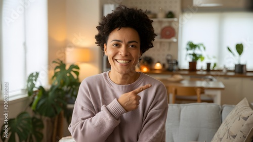 Smiling Person Pointing Finger Toward Empty Direction for Advertising, Marketing and Copy Space. High-quality professional photograph featuring a happy smiling person pointing with their finger toward