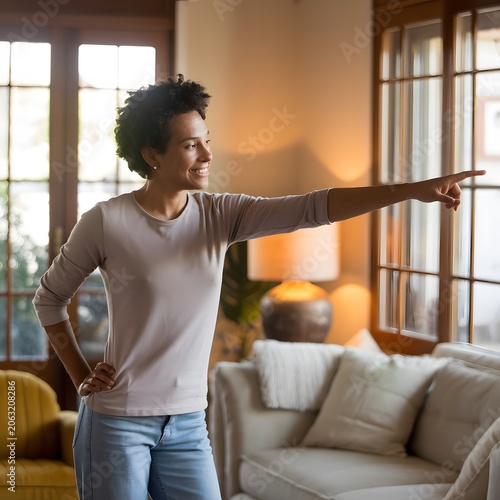 Smiling Person Pointing Finger Toward Empty Direction for Advertising, Marketing and Copy Space. High-quality professional photograph featuring a happy smiling person pointing with their finger toward