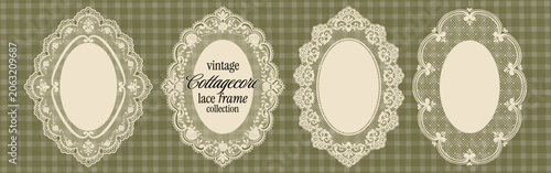 Oval lace frame set. Vintage ornate crochet labels with squiggle shapes. Elegant whimsical borders and floral lacework frames for wedding invitations. Victorian style embroidery doilies.