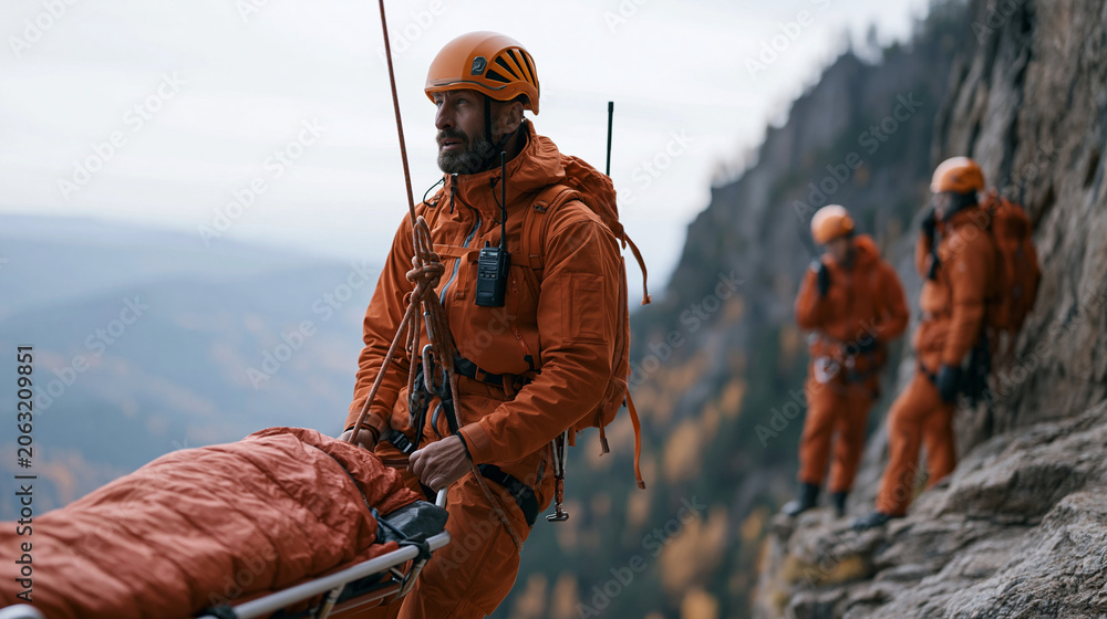 Naklejka premium Mountain rescue volunteers simulate a high angle evacuation on a cliff face during autumn training, a casualty in a stretcher lowered on a belay system while team members in