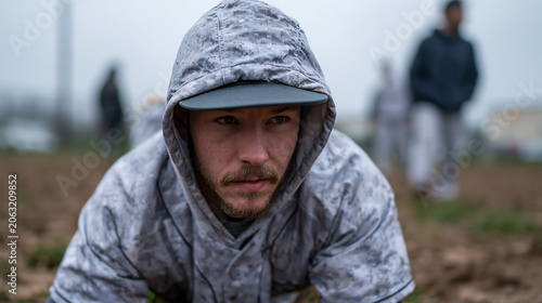 determined man crawling through mud during obstacle course race representing extreme fitness endurance challenge and athletic competition