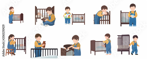 Tableau sur toile Illustrations of a big brother caring for his newborn sibling in a crib, featuring scenes of reading, feeding, and showing affection