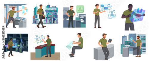 Collection of IT Support Specialists and Technical Assistants Interacting with Digital Interfaces and Futuristic Data Analytics