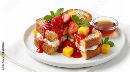 Delicious French Toast With Strawberries, Mango, And Syrup On A White Plate