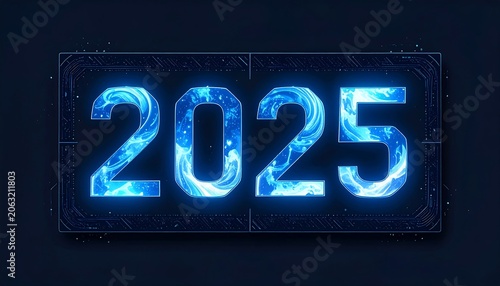 A futuristic blue neon sign with circuit board design displaying the year 2025