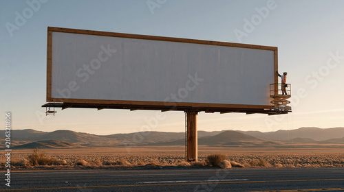 Massive blank billboard structure rising above a highway interchange at harsh midday sun, agricultural flatland stretching to the horizon, a maintenance worker on a scissor lift