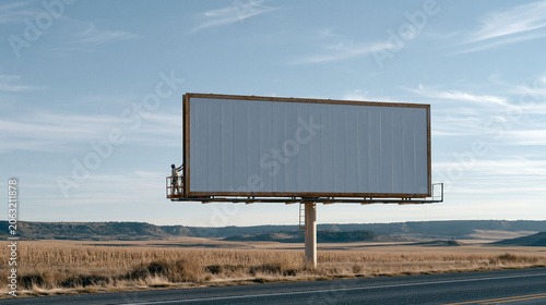 Massive blank billboard structure rising above a highway interchange at harsh midday sun, agricultural flatland stretching to the horizon, a maintenance worker on a scissor lift