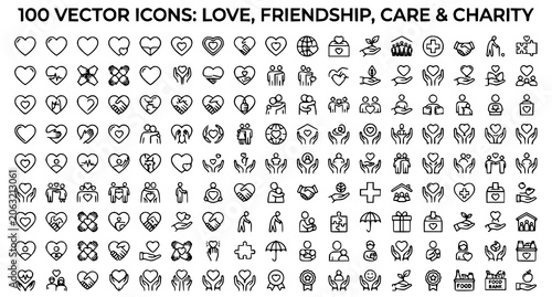 Love care and charity icon collection with friendship support and heart symbols vector illustration