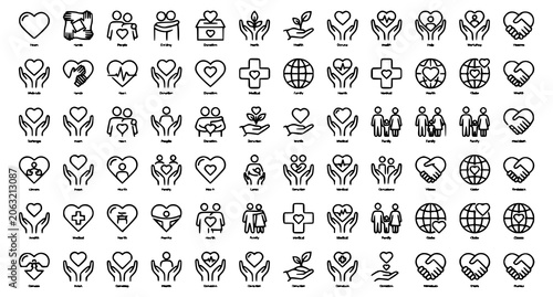 Love friendship care and charity outline icon set with editable stroke vector