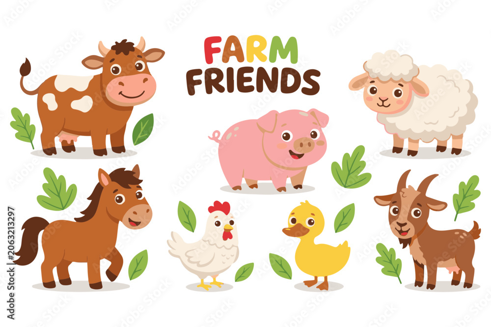 Naklejka premium Farm animals, cartoon farm friends, vector farm set, colorful farm icons