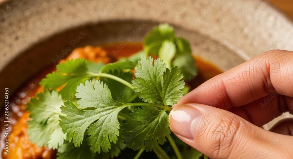 Fototapeta premium Fresh cilantro garnish on flavorful dish with vibrant sauce and ingredients. Hand places fresh cilantro to enhance dish presentation and flavor. Concept of culinary artistry for food photography.