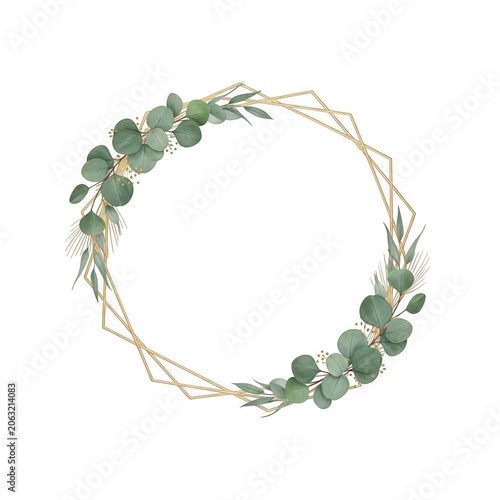 Elegant wreath with green leaves and gold accents on a white background isolated on transparent background