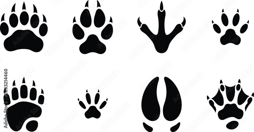Fototapeta premium Silhouette icons of diverse animal footprints including bear paw, feline track, bird claw, canine paw, hoof, and webbed print