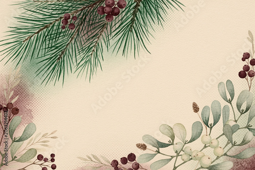 Mistletoe Pine Watercolor Risograph Wedding Background, Forest Green Burgundy Cream.