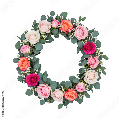 A vibrant and colorful wreath made of various flowers and greenery isolated on transparent background