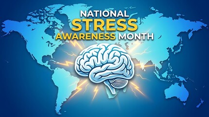 Creative illustration of a brain with lightning bolts for national stress awareness month campaign