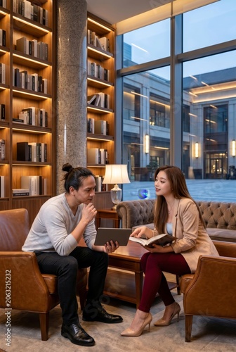 Business partners discussing ideas while reviewing book in modern office library