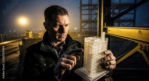 Architectial Visionary Examining Modern Building Model At Dusk Construction Site