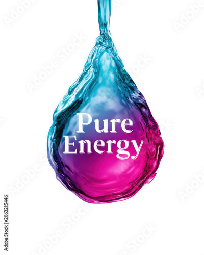 Blue and magenta liquid splash droplet with Pure Energy text isolated on transparent background