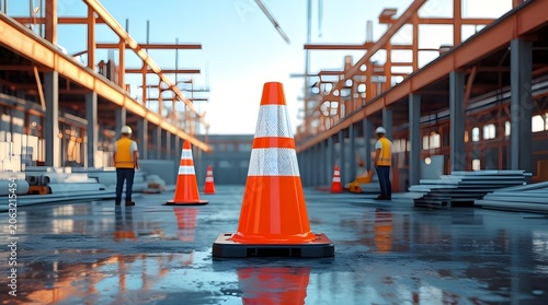 Bright orange traffic cone with reflective stripes on a wet construction site.