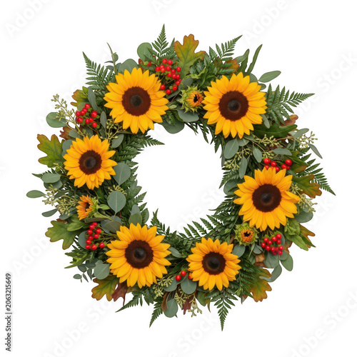 A vibrant wreath of sunflowers arranged in a circular pattern. isolated on transparent background