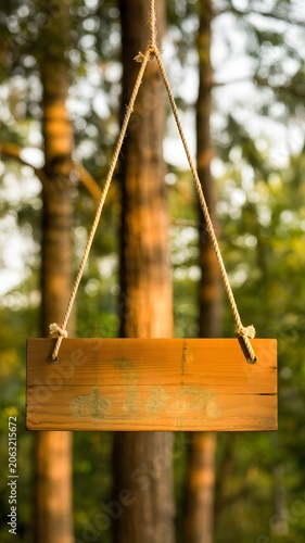 Rustic Wooden Sign Hanging from Rope in Nature for Information, Advertising and Marketing Messages. High-quality professional photograph featuring a rustic wooden sign board suspended by a rope 