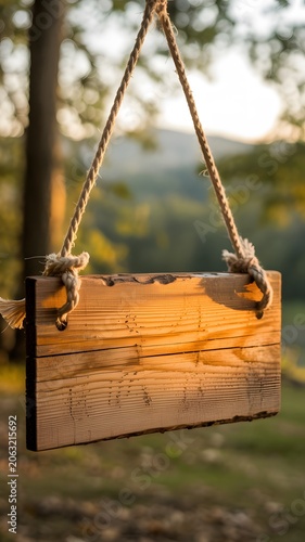 Rustic Wooden Sign Hanging from Rope in Nature for Information, Advertising and Marketing Messages. High-quality professional photograph featuring a rustic wooden sign board suspended by a rope 