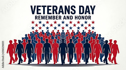 Veterans day tribute illustration with soldiers marching remember and honor theme graphic