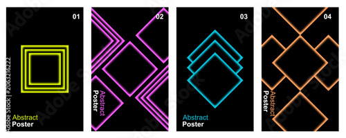 Futuristic Neon Geometric Posters Collection, Abstract Square Line Frames, Minimal Optical Illusion Backgrounds, Modern Graphic Design Templates for Flyers, Covers and Banners