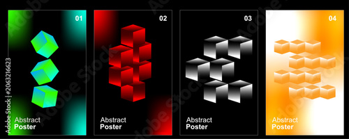Modern Abstract Poster Set, 3D Block Cube Shapes with Bright Vibrant Color Gradients, Futuristic Creative Graphic Design Templates, Geometric Vector Illustration Collection