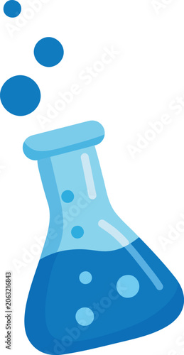 Blue laboratory flask with liquid and bubbles isolated on transparent background. Science experiment vector illustration for chemistry, STEM education, research and laboratory concepts.